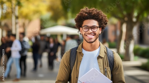 Smiling young male college student with curly hair wearing glasses and a backpack standing on campus