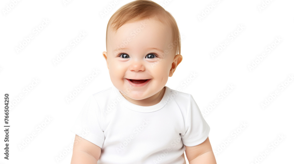 A joyful baby in a white shirt smiles brightly against a pure white backdrop