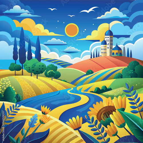 field, sky, trees, yellow, blue, blue, green, red, white, flowers, colorful, juicy, clouds, grain, river, water, bed, vector, art, illustration, landscape, Ukraine, sun