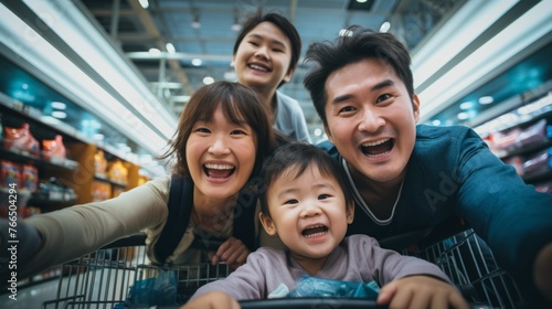 Happy family of four shopping together in a grocery store