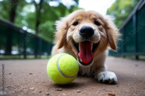 A Golden Retriever Puppy Playing with a Tennis Ball