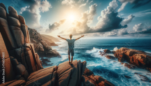 Man with arms raised on coastal rock formations, embracing the sun and sea, feeling of freedom and adventure, coastal landscape concept photo