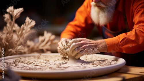 Male potter carefully works on a large clay bowl photo
