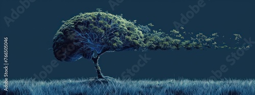  A minimalist digital tree growing from a human brain, illustrating the growth of AI knowledge, set against a solid color