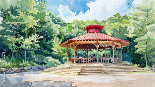 A painting showcasing a gazebo nestled amidst a lush forest of trees