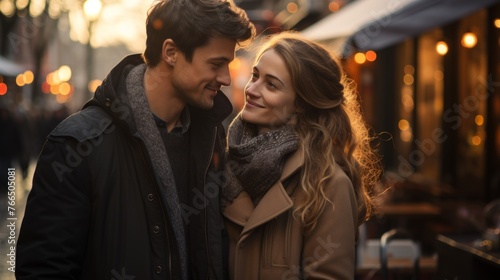 A young couple is smiling at each other on a city street.