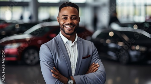 Portrait of a smiling African American car salesman standing in a car dealership showroom with his arms crossed.