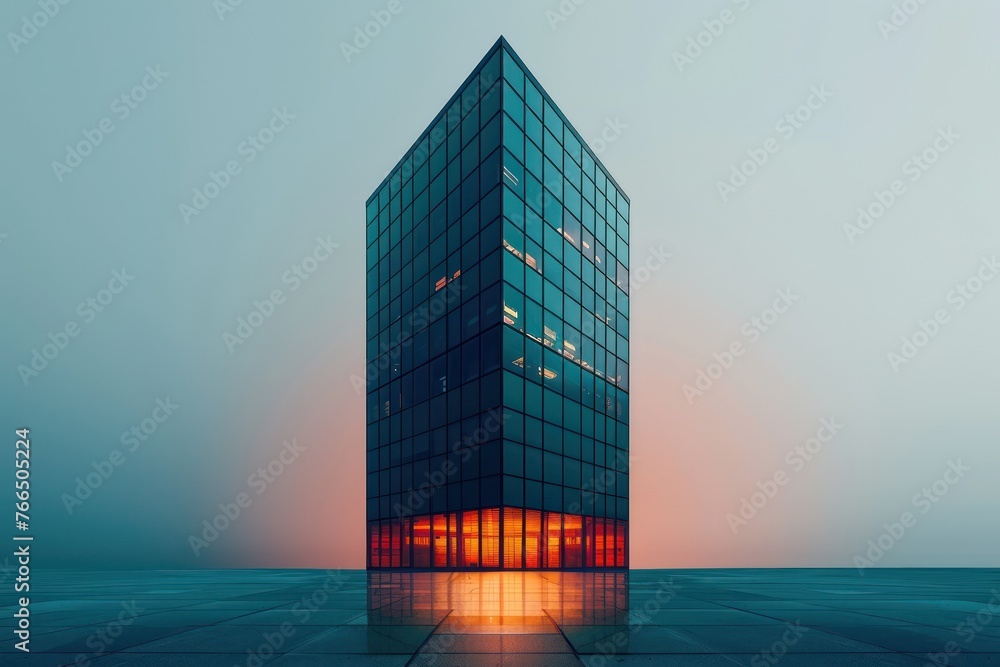 A single, sleek skyscraper rising on a solid color canvas, windows glowing with data, representing technological business expansion - obrazy, fototapety, plakaty 