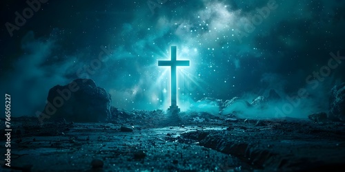 Symbolizing Christ's Sacrifice: A Glowing Cross Against a Celestial Background with Religious and Sacred Imagery. Concept Religious Symbols, Glowing Cross, Celestial Background, Christ's Sacrifice