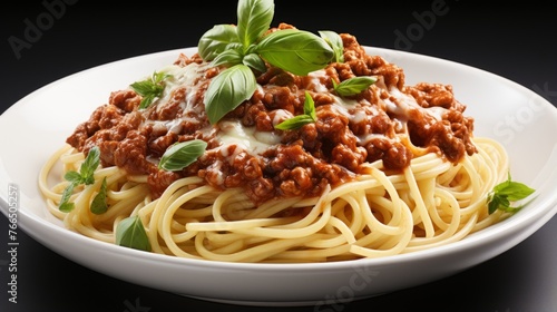 A plate of spaghetti with meat sauce and basil
