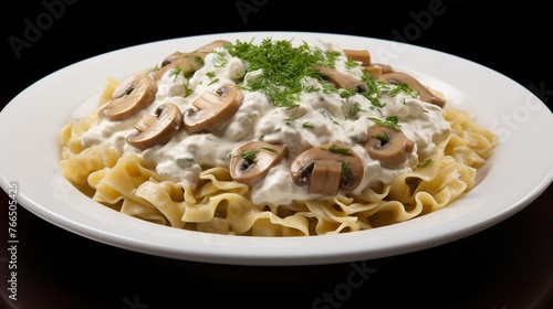 Delicious Stroganoff with Egg Noodles on Clean White Background. Authentic Russian Cuisine. 