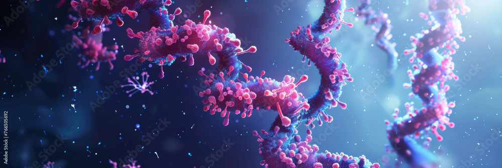 A digital representation of a DNA double helix with proteins attached, signifying genetic or medical research