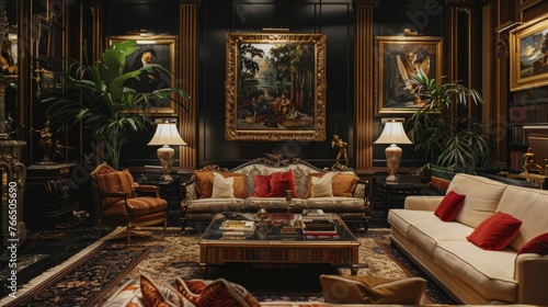 A medium shot of a wealthy family relaxing in their luxurious living room,  surrounded by elegant decor and expensive artwork
