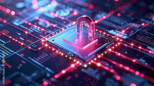A neon glowing padlock symbolizing cybersecurity is superimposed on a detailed photo