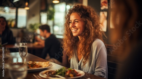 Curly Haired Woman Smiling at a Restaurant