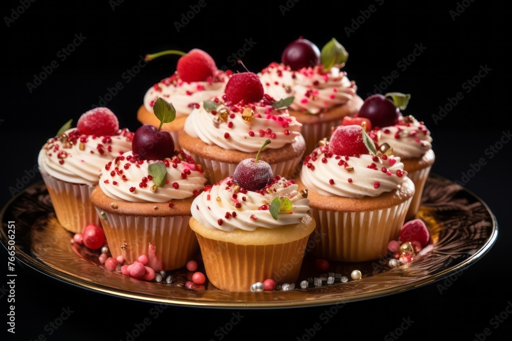 Juicy cupcakes on a porcelain platter against a dark background