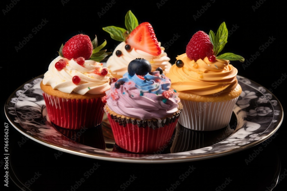 Juicy cupcakes on a porcelain platter against a dark background