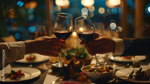 A wealthy couple enjoying a gourmet dinner at an upscale restaurant, clinking wine glasses as they toast to their success