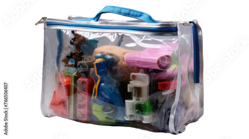 A clear bag overflowing with a variety of colorful toys