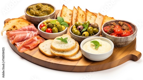Colorful Spanish tapas platter with assorted small bites on white background. Culinary delight for social gatherings. 