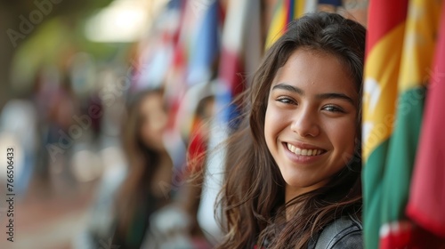 Close-up of a young, smiling woman in casual attire, with a blurred background of vibrant international flags representing diversity and unity.