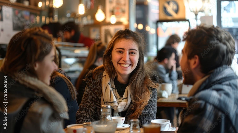 A smiling young woman engaging in a cheerful discussion with friends at a cozy, bustling coffee shop.