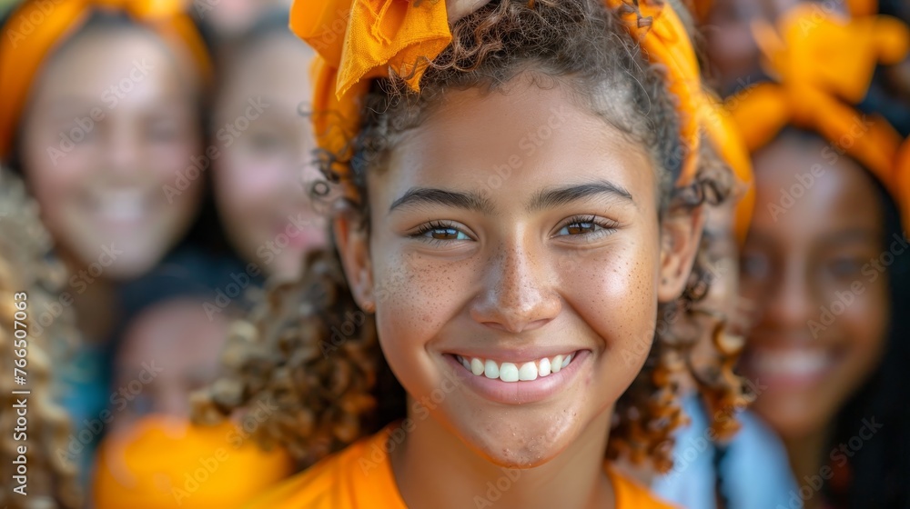 A radiant young girl in orange smiles, surrounded by her cheerleading team, evoking team spirit and joy.