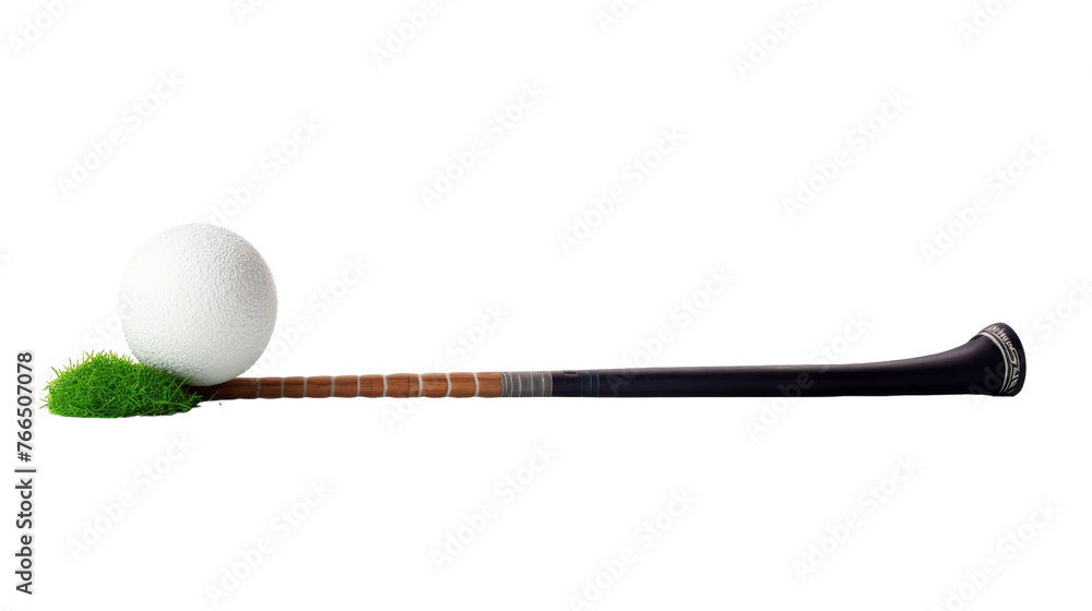 A baseball bat and a golf ball resting peacefully on a white background A baseball bat and a golf ball resting peacefully on a white background