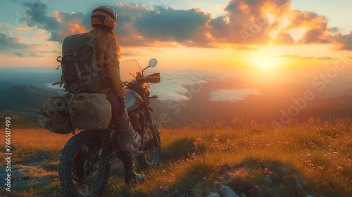 Motorcycle driver with her motorcycle in the sunset. Travel and sport, speed and freedom concept photo