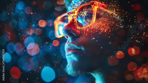 A man gazes through glasses that project a mesmerizing array of digital light particles, reflecting the fusion of reality and virtual visuals.