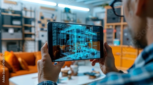 Professional engineer using a tablet to view a three-dimensional digital blueprint of a building in a well-equipped modern office.