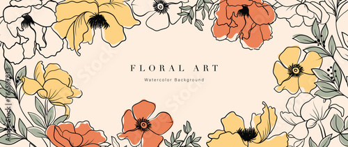 Abstract floral art background vector. Botanical hand drawn flower, poppy, peony, foliage line art. Design illustration for wallpaper, banner, print, poster, cover, greeting, invitation, package.