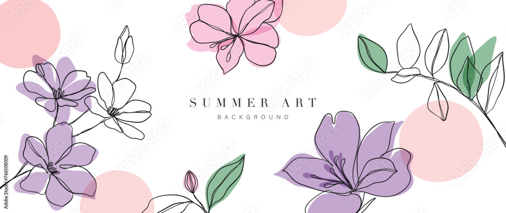 Abstract floral art background vector. Botanical hand drawn flower, foliage line art. Design illustration for wallpaper, banner, print, poster, cover, greeting, invitation, package. - obrazy, fototapety, plakaty 