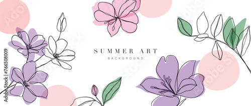 Abstract floral art background vector. Botanical hand drawn flower, foliage line art. Design illustration for wallpaper, banner, print, poster, cover, greeting, invitation, package.