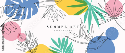 Abstract floral art background vector. Botanical hand drawn flower, foliage, palm, monstera line art. Design illustration for wallpaper, banner, print, poster, cover, greeting, invitation, package.
