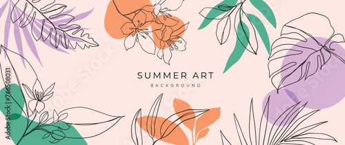 Abstract floral art background vector. Botanical hand drawn flower, foliage, palm, monstera line art. Design illustration for wallpaper, banner, print, poster, cover, greeting, invitation, package.