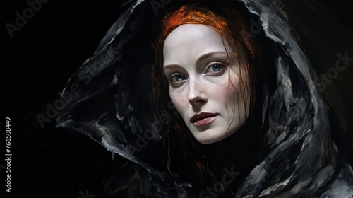 A woman with red hair and blue eyes is standing in front of a dark hooded cloak. The image has a mysterious and eerie mood, with the woman's gaze directed towards the camera