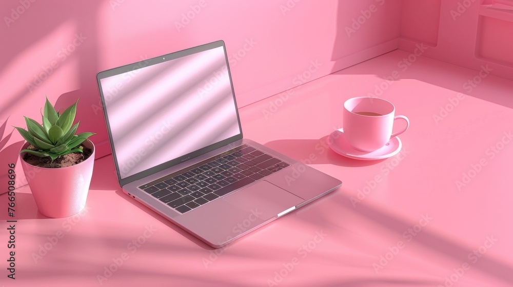 flatlay of a sleek, modern laptop next to a small succulent plant and a ceramic coffee cup flatlay of a sleek, modern laptop next to a small succulent plant and a ceramic coffee cup