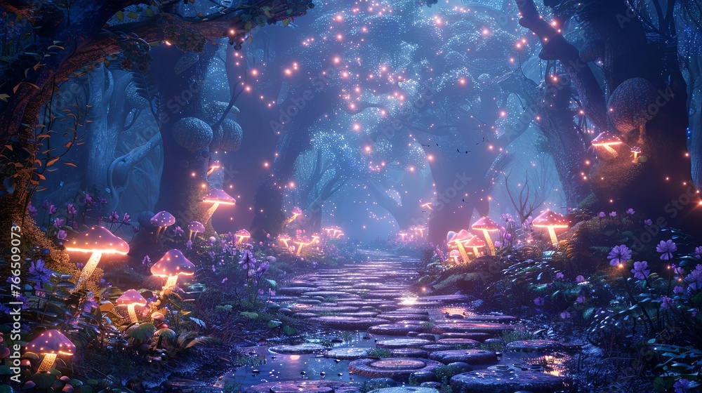 This enchanting scene transports viewers to a mystical forest path ...