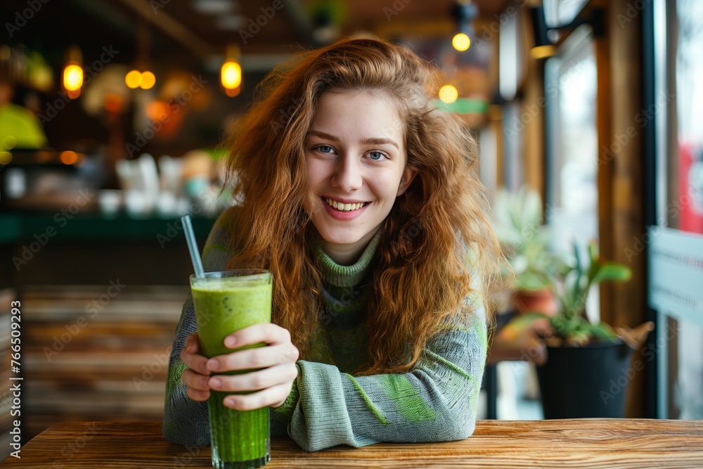 beautiful smiling girl with a green smoothie cocktail sitting at a table in a cafe, healthy eating and diet beautiful smiling girl with a green smoothie cocktail sitting at a table in a cafe, healthy eating and diet