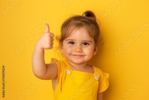 a toddler giving a thumbs up on yellow background