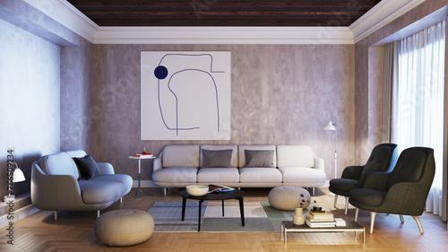 Large luxury modern bright interiors Living room mockup illustration 3D rendering image © 3DarcaStudio