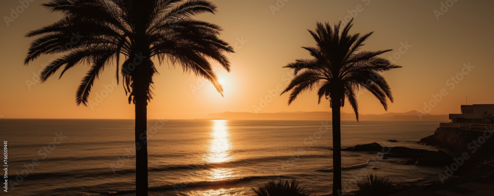 Sea with palm trees at sunset