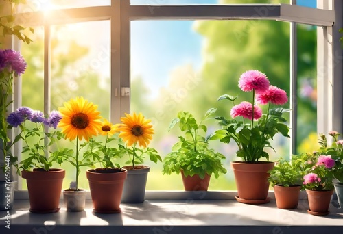 Gardening Concept. Garden Flowers and Plants on a Sunny Background