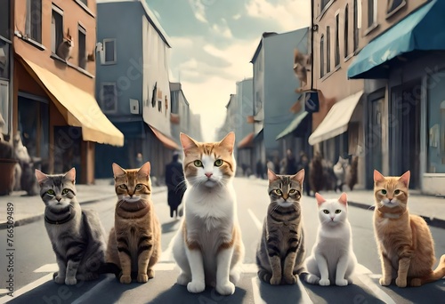 Cat king leading group of cats on street, Cat leader giving lectures to other cats, surreal scene of animals on street 