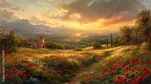 Sunset over poppy field with mountain backdrop. Generative AI