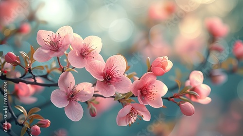 Soft pink cherry blossoms against a serene backdrop. Generative AI
