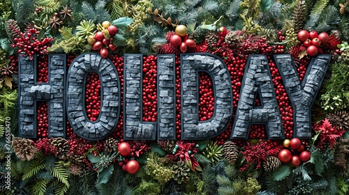 Stone text 'HOLIDAY' amidst festive greenery. Generative AI