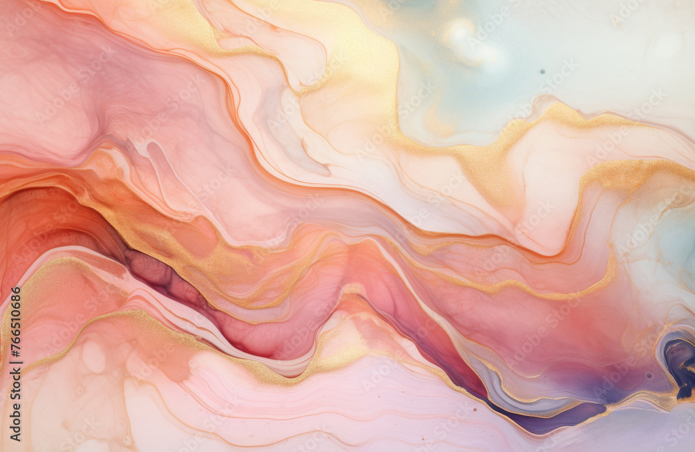 Abstract fluid art background, liquid marble texture, watercolor paint.  Happy sunrise color flowing, orange peach, pink , light purple and gold