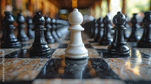Lone white pawn facing black chess pieces. Generative AI